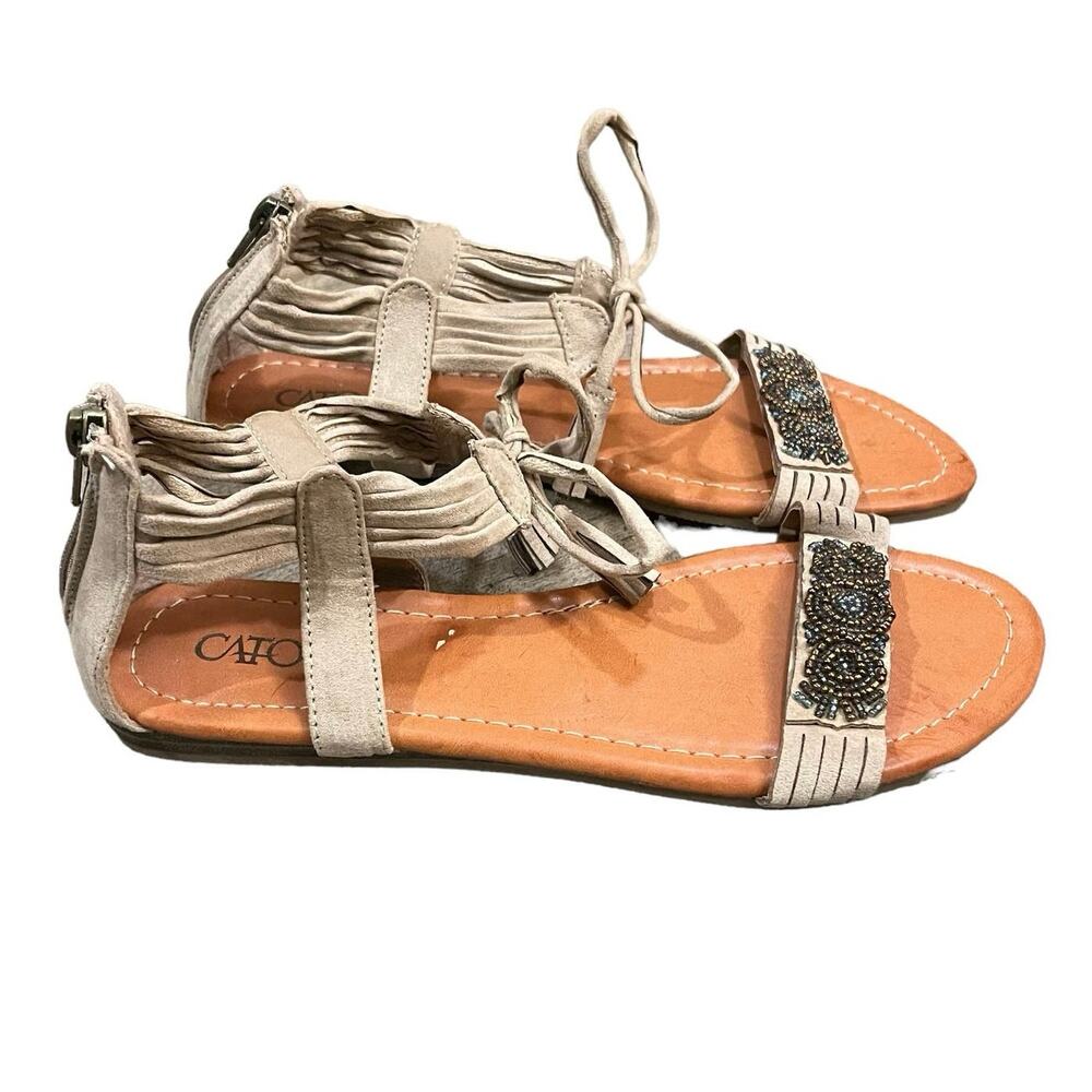 Cato Women's Beige Suede-like Lace-Up Sandals w/ Beaded Accents Zip Back Size 8